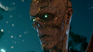 Withers, a husk of a mummy from Baldur's Gate 3, looks disappointed at you with glowing eyes, as you have incurred his wrath.