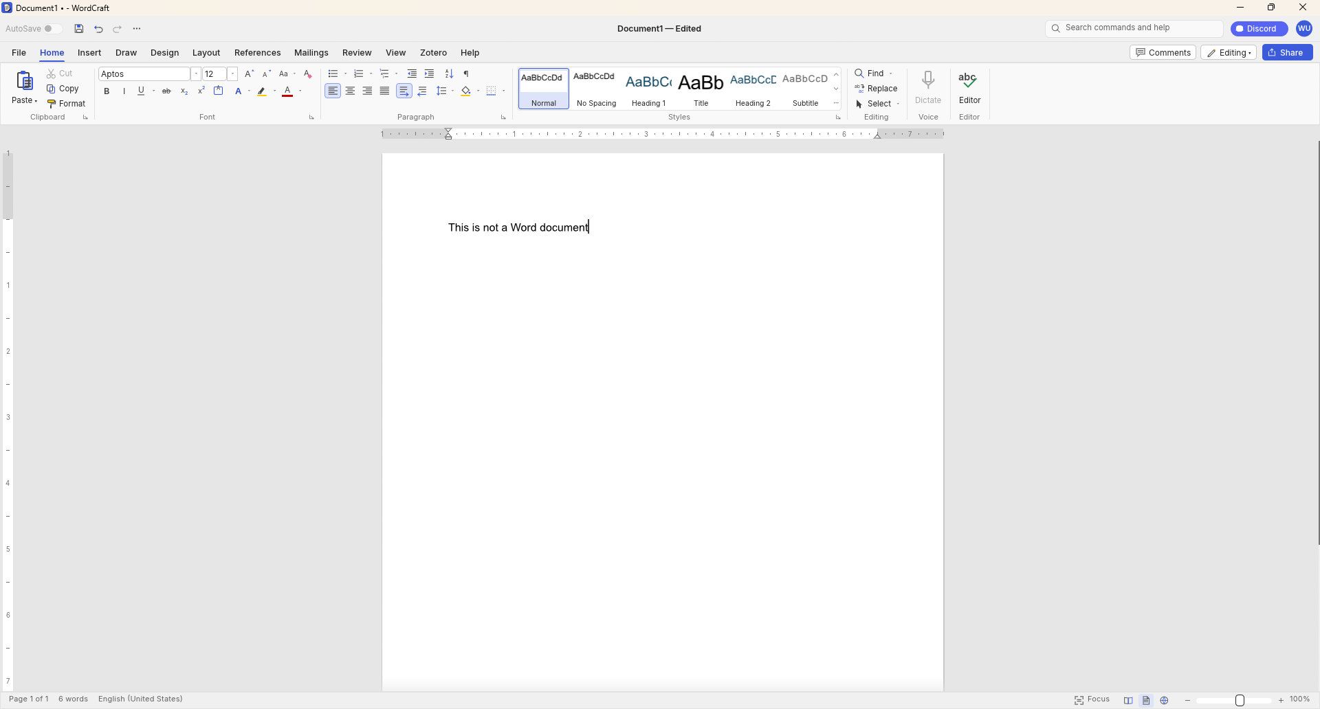 WordCraft document editor running on Windows, showing a blank document with the text 