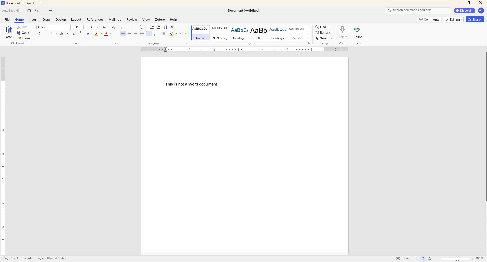 WordCraft document editor running on Windows, showing a blank document with the text "This is not a Word document" and a ribbon-style toolbar for formatting and editing.