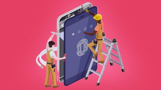 Clipart image of workers repairing a broken phone