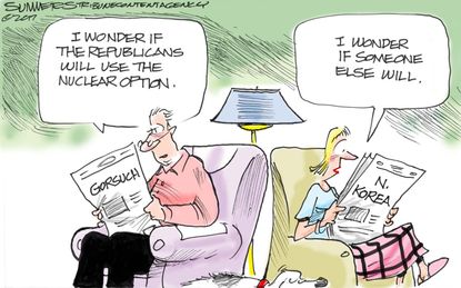 Political Cartoon U.S. Senate Republicans Gossuch Supreme Court hearing nuclear option North Korea