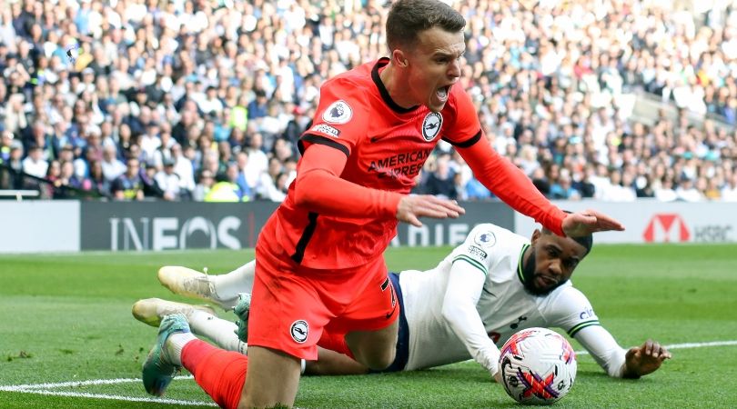 Solly March goes down under a challenge from Japhet Tanganga in Brighton&#039;s 2-1 loss to Tottenham in April 2023.