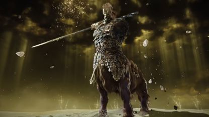 the darkrift knight against a yellowish sky background