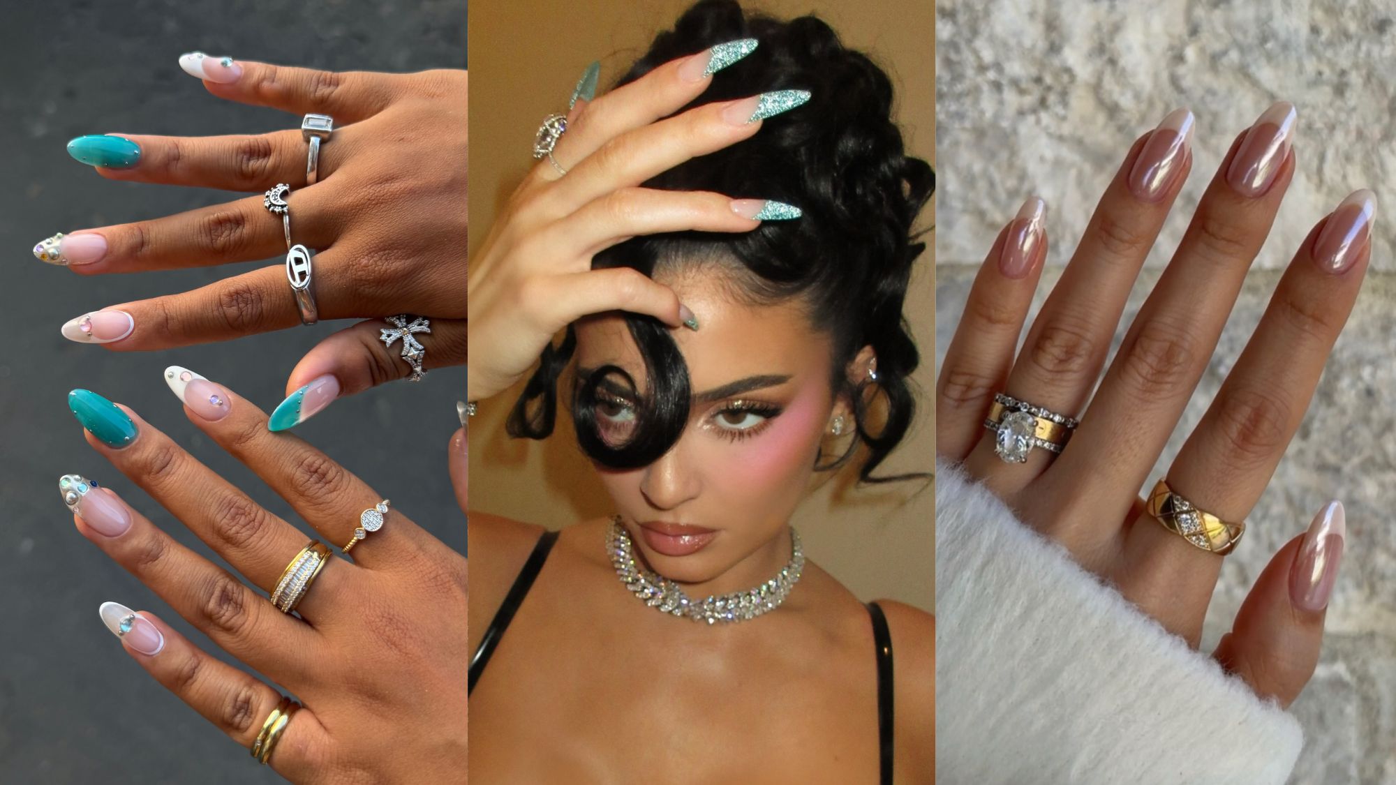 A series of images of trendy French tips worn by Kylie Jenner and tastemakers.