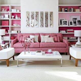 pink colour living room with white flooring