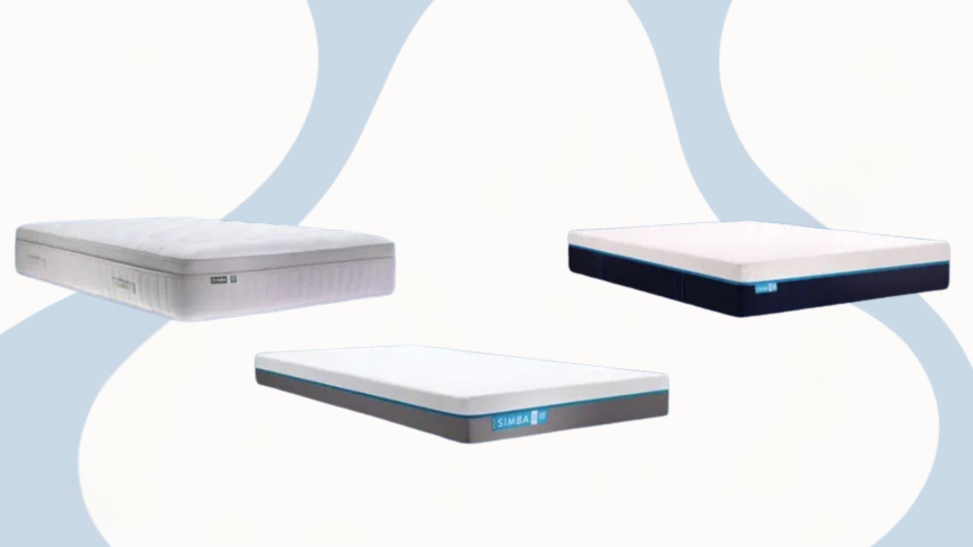 Three Simba Mattresses on a blue and white background, all of which are included as some of the best simba mattress deals live right now