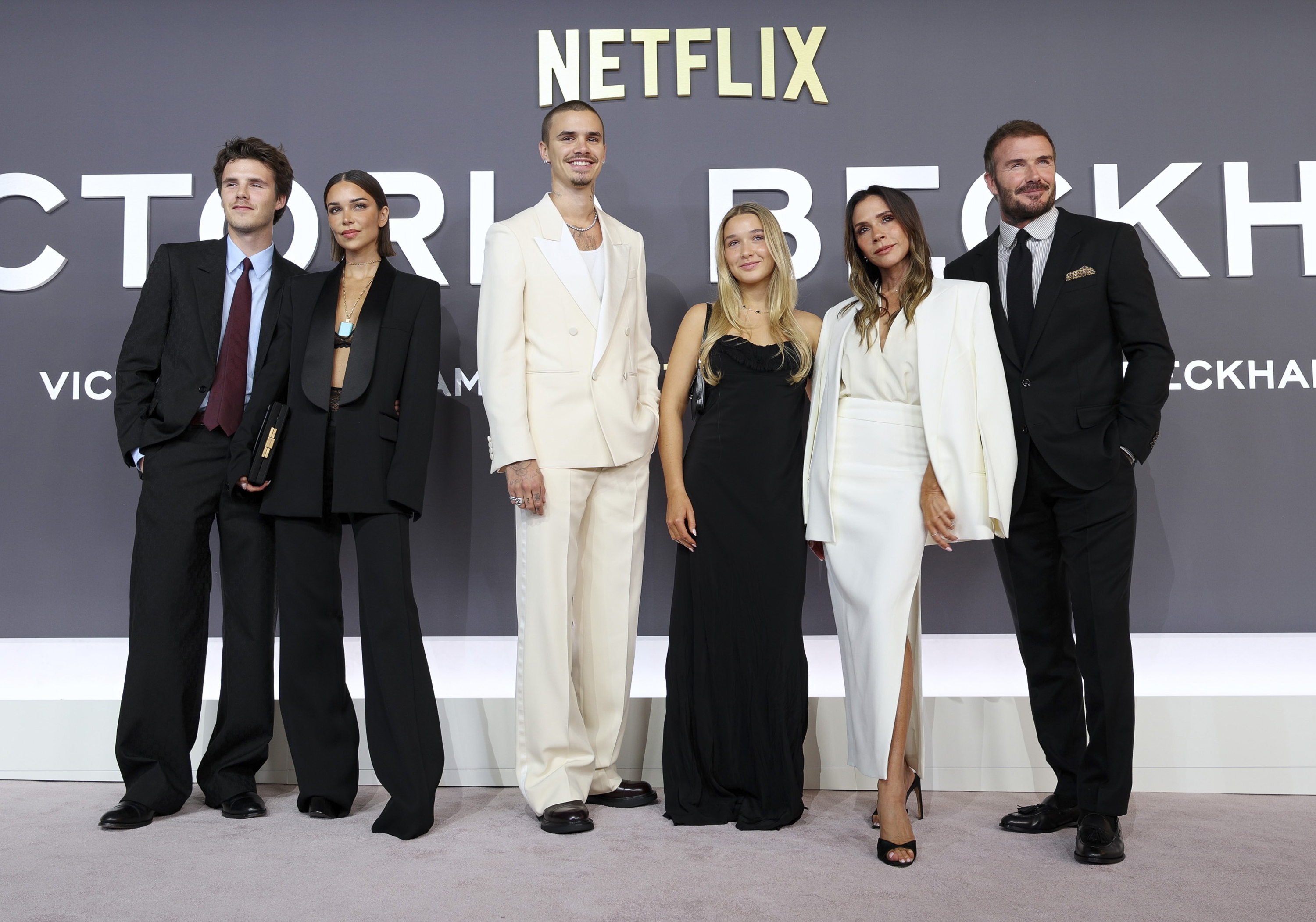LONDON, ENGLAND - OCTOBER 08: Cruz Beckham, Jackie Apostel, Romeo Beckham, Harper Beckham, Victoria Beckham and David Beckham attend the &quot;Victoria Beckham&quot; World Premiere at the Curzon Mayfair on October 08, 2025 in London, England. (Photo by Mike Marsland/WireImage)
