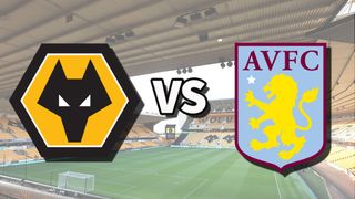 The Wolverhampton Wanderers and Aston Villa club badges on top of a photo of Molineux stadium in Wolverhampton, England