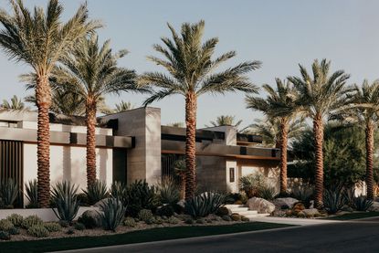 gardens &amp; villas house, single storey luxury desert home behind palm trees