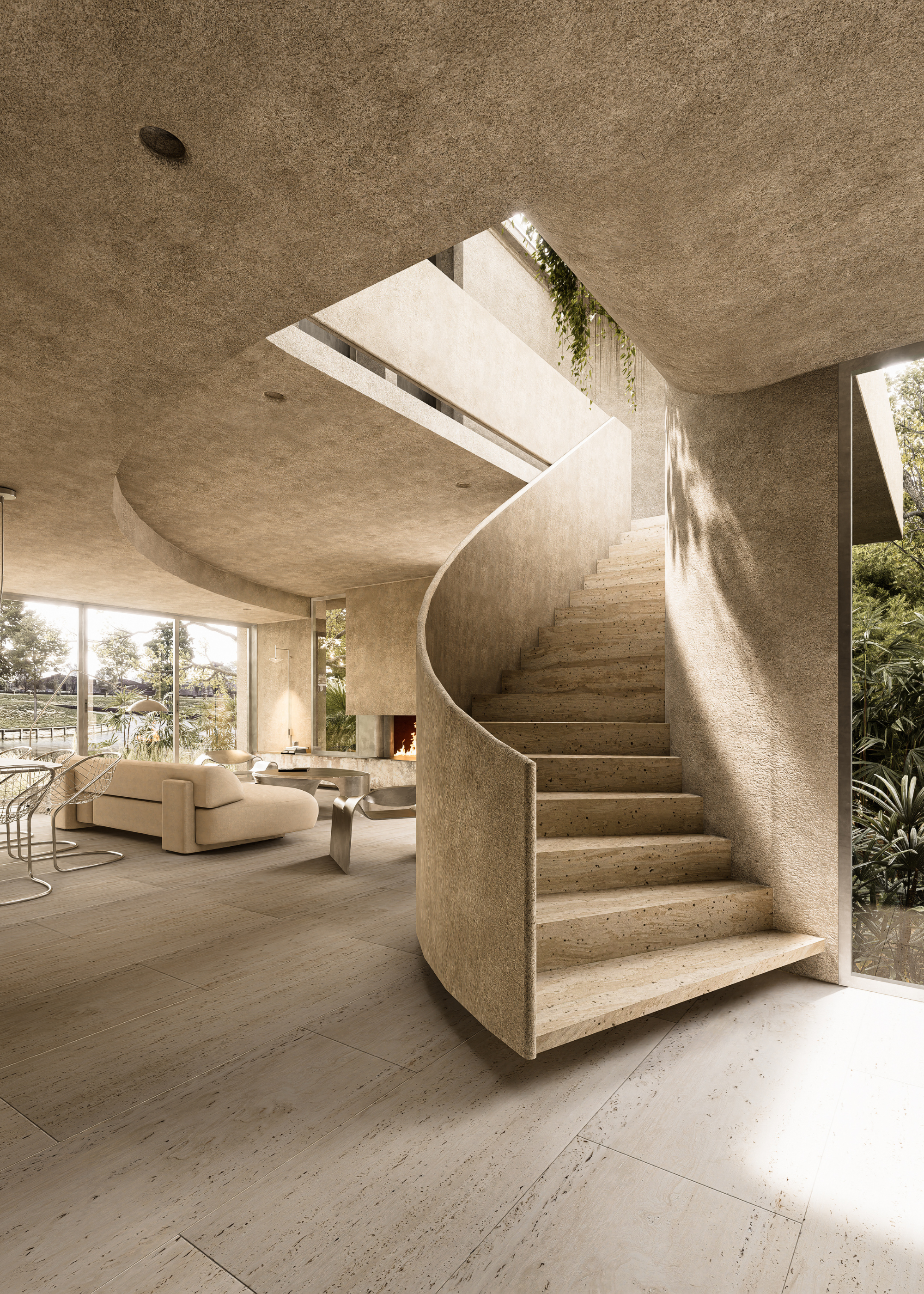 A bare textured staircase curving up to the first level of a home