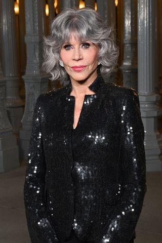 Jane Fonda is pictured with grey hair whilst attending the 2023 LACMA Art+Film Gala, Presented By Gucci at Los Angeles County Museum of Art on November 04, 2023 in Los Angeles, California.