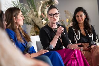 Tanya Klich speaks to panelists MUTALE NKONDE, CEO and founder of AI for the People, LAURA MODI, CEO and cofounder of baby formula company Bobbie, AMIRA FOUAD, Director of Society Communications at Google, and SALI CHRISTESON, the founder and CEO of Argent at Marie Claire's 2022 Power Trip summit.