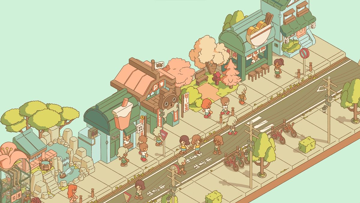 Minami Lane screenshot showing a street full of houses and people