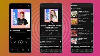 Three Phones showing pages from the BBC Sounds app