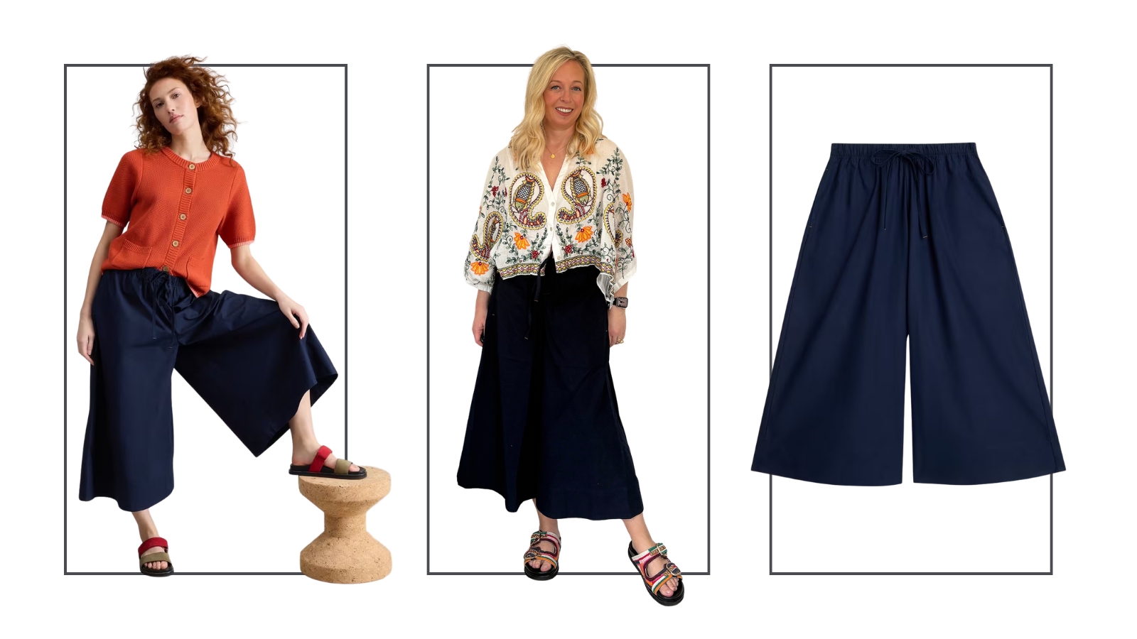 Model and Antonia Kraskowski wearing navy culottes from White Stuff