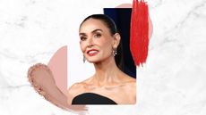 Demi Moore is pictured wearing a black dress and red lipstick at the Glamour Women of the Year Awards 2025 held at The Plaza Hotel on November 04, 2025 in New York, New York/ in a white and grey marble-like template with a taupe eyeshadow swatch and a red lipstick swatch.