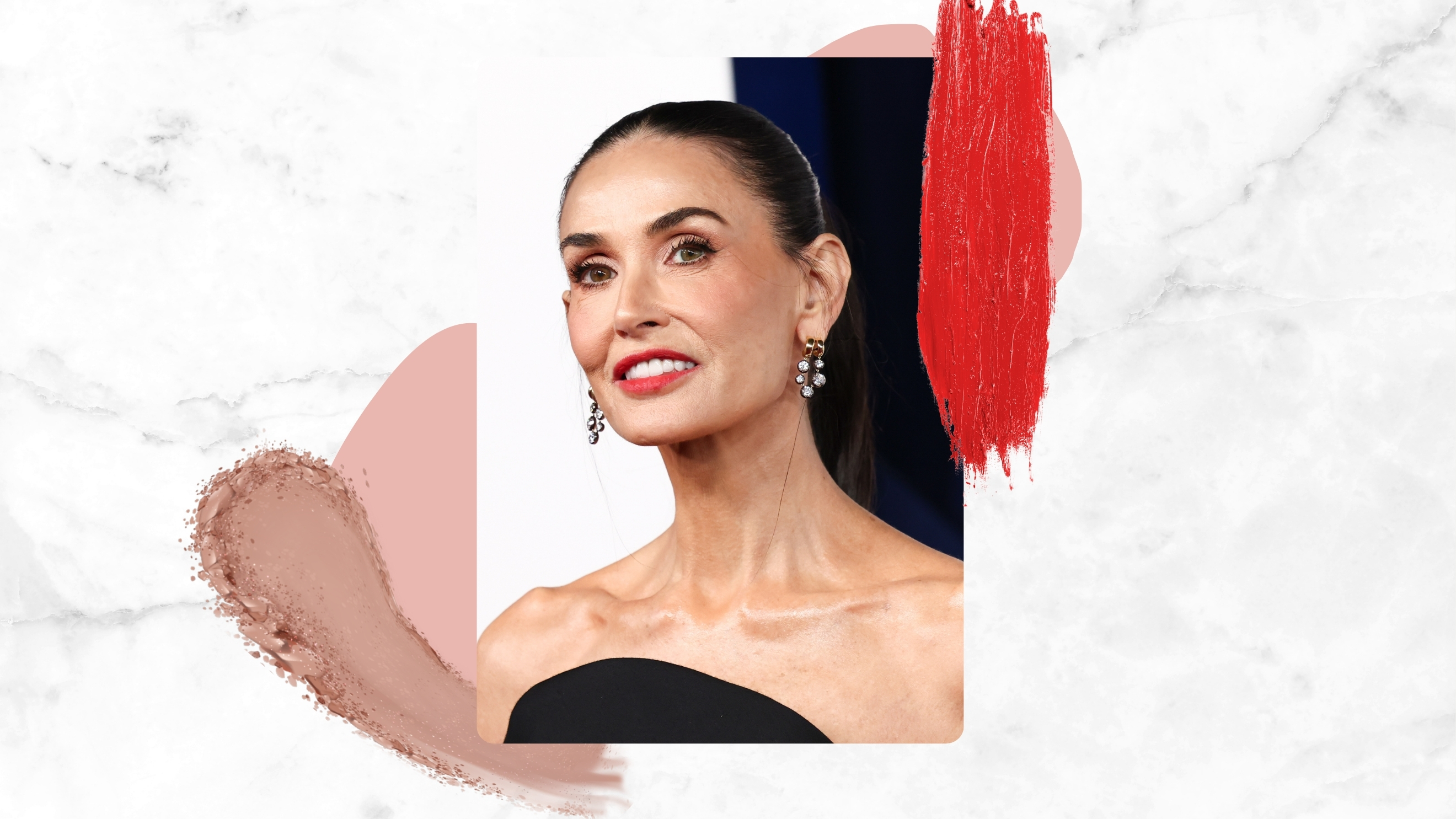 Demi Moore is pictured wearing a black dress and red lipstick at the Glamour Women of the Year Awards 2025 held at The Plaza Hotel on November 04, 2025 in New York, New York/ in a white and grey marble-like template with a taupe eyeshadow swatch and a red lipstick swatch.