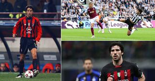 Alessandro Costacurta playing for AC Milan, Sando Tonali scoring a volley on his debut for Newcastle vs Aston Villa, Sandro Tonali playing for AC Milan