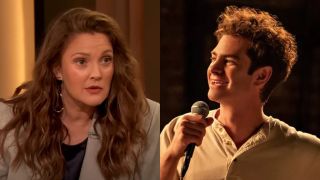 Drew Barrymore during an interview on the Drew Barrymore Show and Andrew Garfield singing as Jonathan Larson in Tick, Tick...Boom!