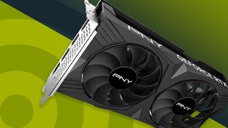 An PNY RTX 4060, one of the best cheap graphics cards, against a two-tone green background