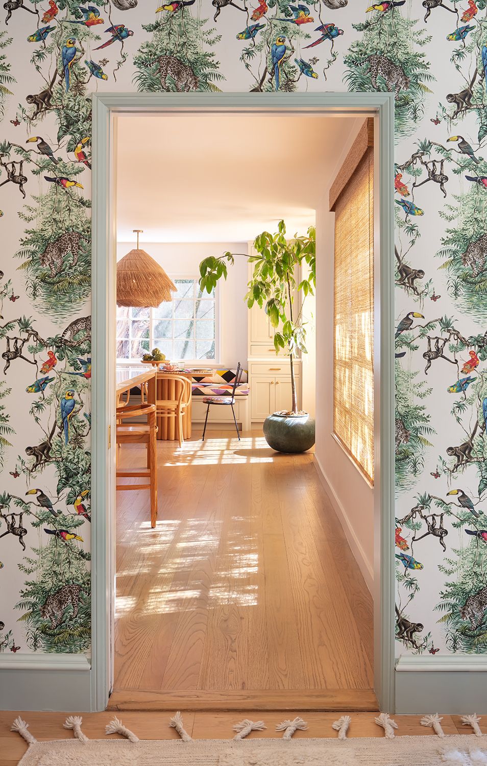kitchen entryway with wallpaper on the walls