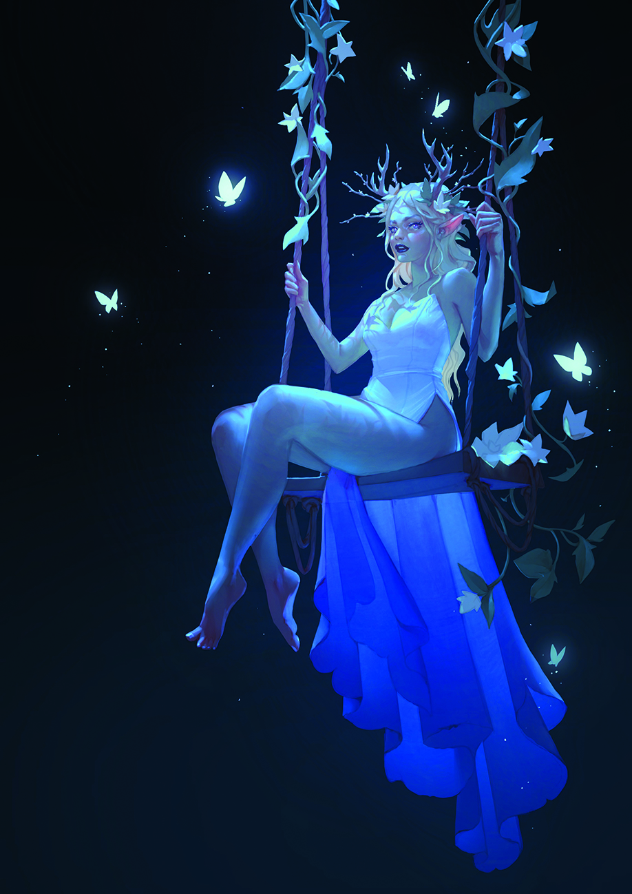 Digital art showing a fairy on a swing