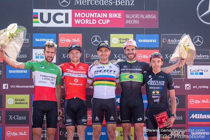 Podium- L to r: Gerhard Kerschbaumer, Mathias Flueckiger, Nino Schurter, Henrique Avancini, Jordan Sarrou