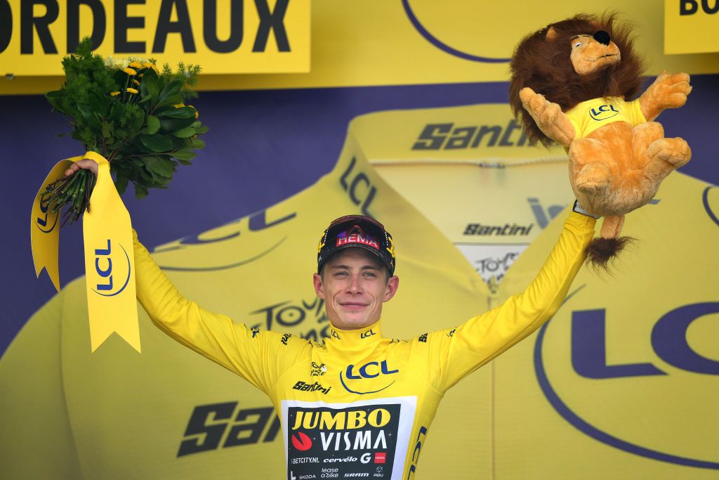 BORDEAUX FRANCE JULY 07 Jonas Vingegaard of Denmark and Team JumboVisma celebrates at podium as Yellow leader jersey winner during the stage seven of the 110th Tour de France 2023 a 1699km stage from Mont de Marsan to Bordeaux UCIWT on July 07 2023 in Bordeaux France Photo by David RamosGetty Images