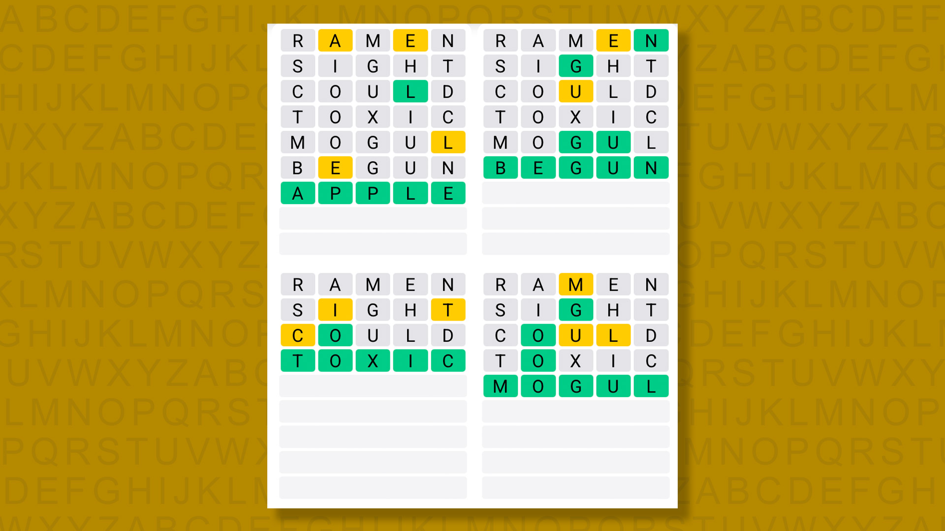 Quordle answers for game 1419 on a yellow background