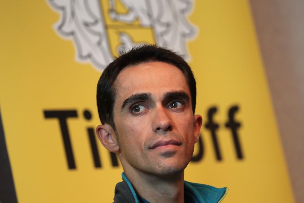 Alberto Contador answers questions at the press conference before the 2016 Tour de France.