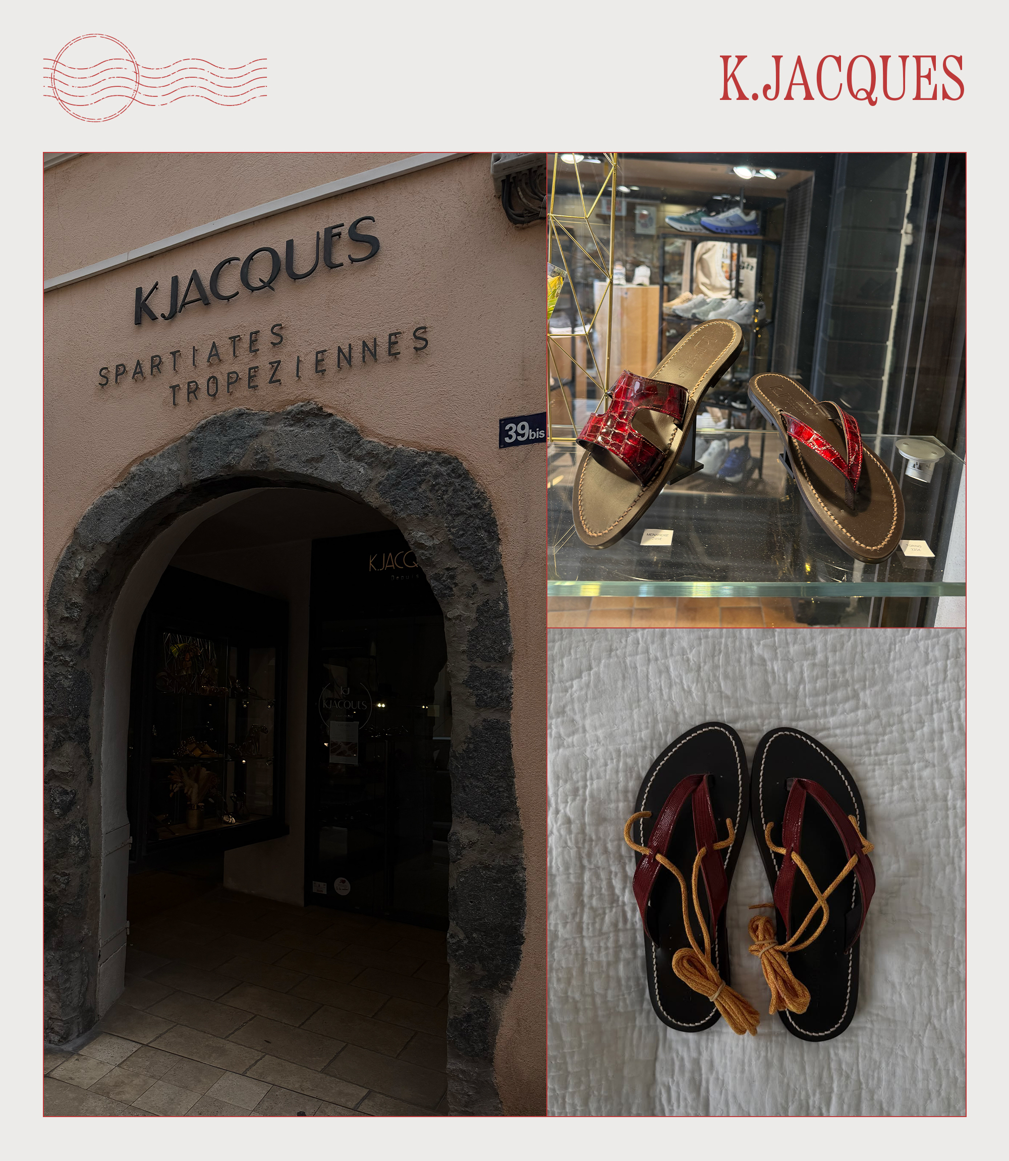 a pair of K.Jacques sandals and the facade of the Saint-Tropez boutique