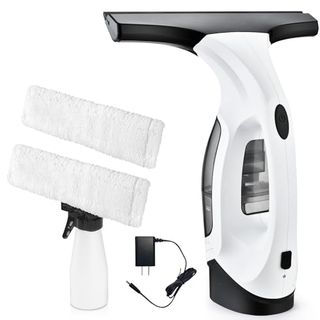 A white and black plastic cordless window vacuum cleaner with a spray bottle and white microfiber pads. 