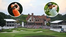 The 18th hole at East Lake during the Tour Championship and insets of Rickie Fowler and Xander Schauffele