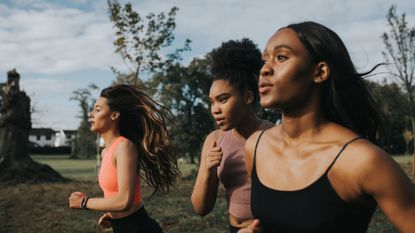 Strong, fit woman joggers, running through a sunny park at sunrise. They look determined as they put in the effort. Their hair blows behind them as they look in front of them. 