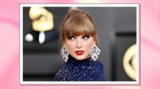 Taylor Swift wears red lipstick and a blue, sparkly dress and large silver and sapphire earrings as she attends the 65th GRAMMY Awards on February 05, 2023 in Los Angeles, California/ in a pink and cream gradient template