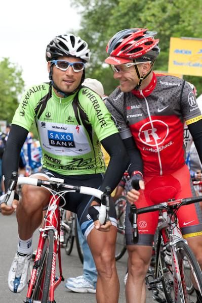 Juan Jose Haedo (Saxo Bank) is already letting his elbows get argy bargy last year's winner Tour of California Levi Leipheimer (Radio Shack) at the starting line.