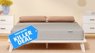 The image shows the Siena Essential Memory Foam Mattress on a white bed frame with a Tom's Guide 'killer deal' badge overlaid on top