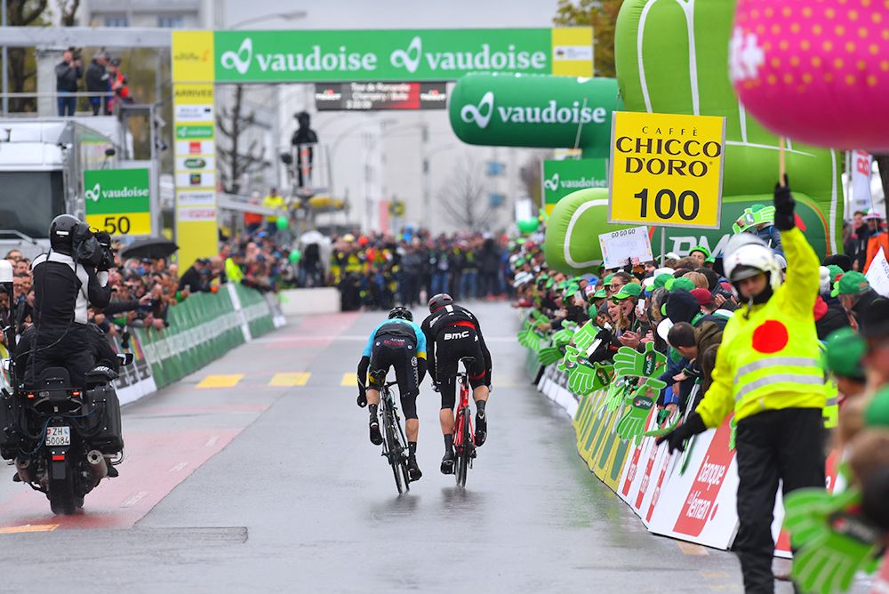 Stefan Kung and Andrey Grivko approach the finish of stage 2 at Tour de Romandie