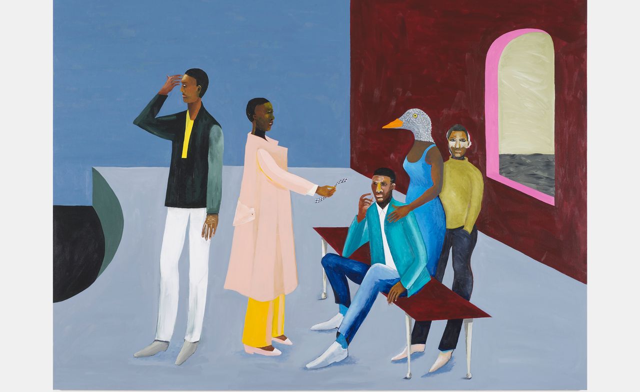 painting of Black figures talking, part of ‘The Time is Always Now: Artists Reframe the Black Figure’, at the National Portrait Gallery, London