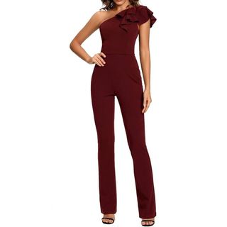 burgundy frill jumpsuit on model 