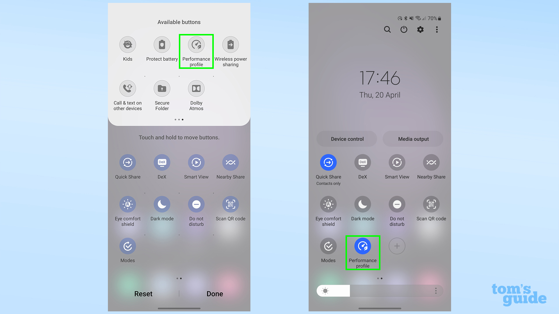 Два снимка экрана, показывающих меню быстрых настроек Samsung Galaxy S23, один с кнопкой режима производительности в режиме редактирования, а второй — в обычной сетке быстрых настроек.
