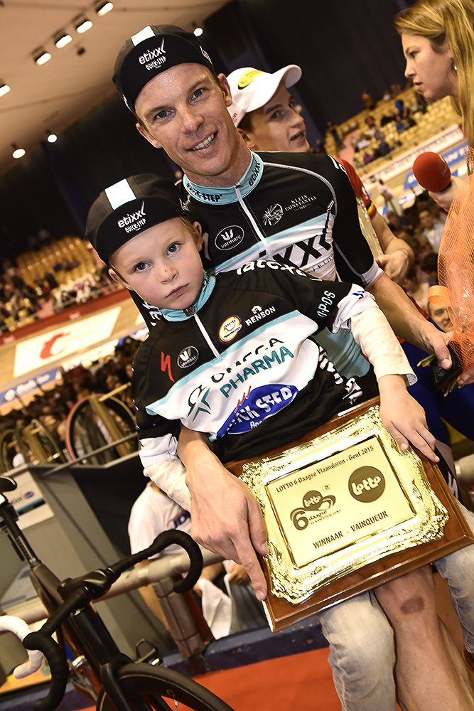 Iljo Keisse and his 6-year-old son.