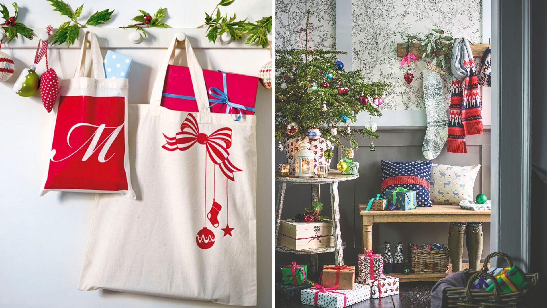 Split image of two hallways with coat hooks styled for Christmas