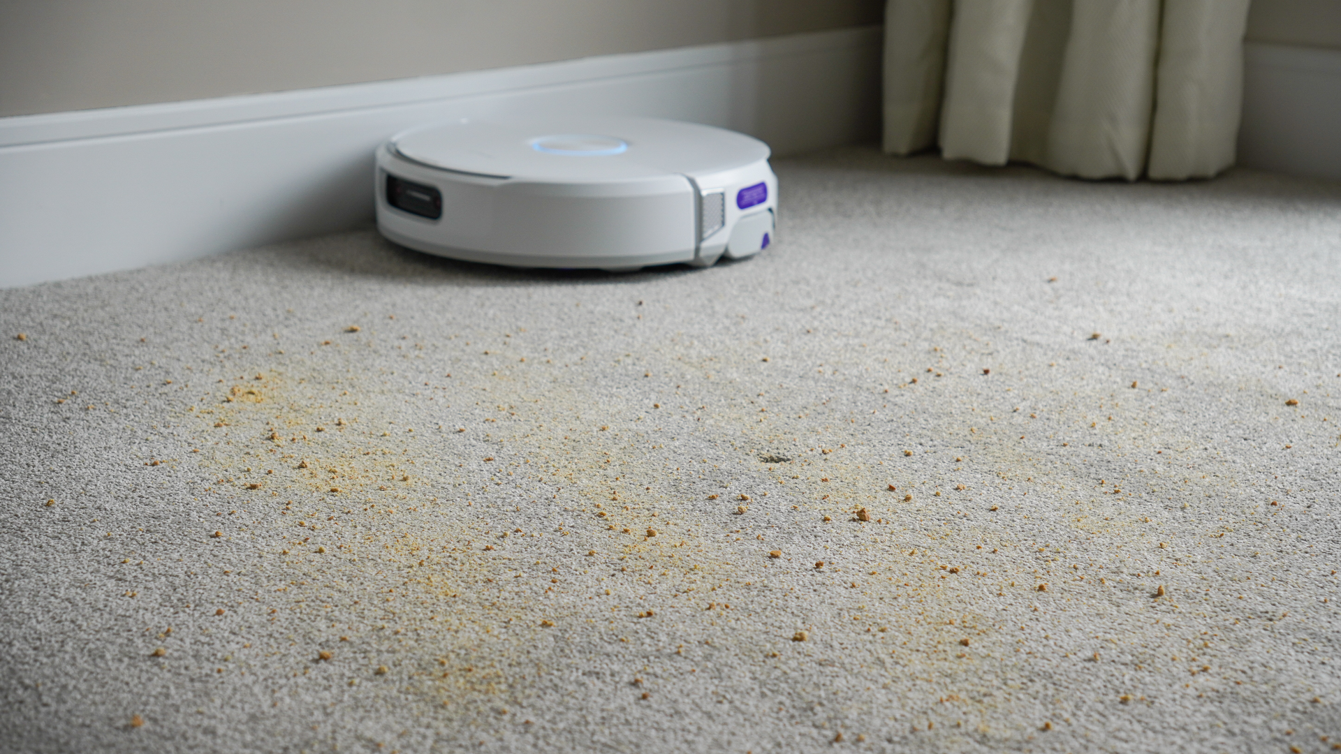 Crumb mix on a carpeted floor before the suction test