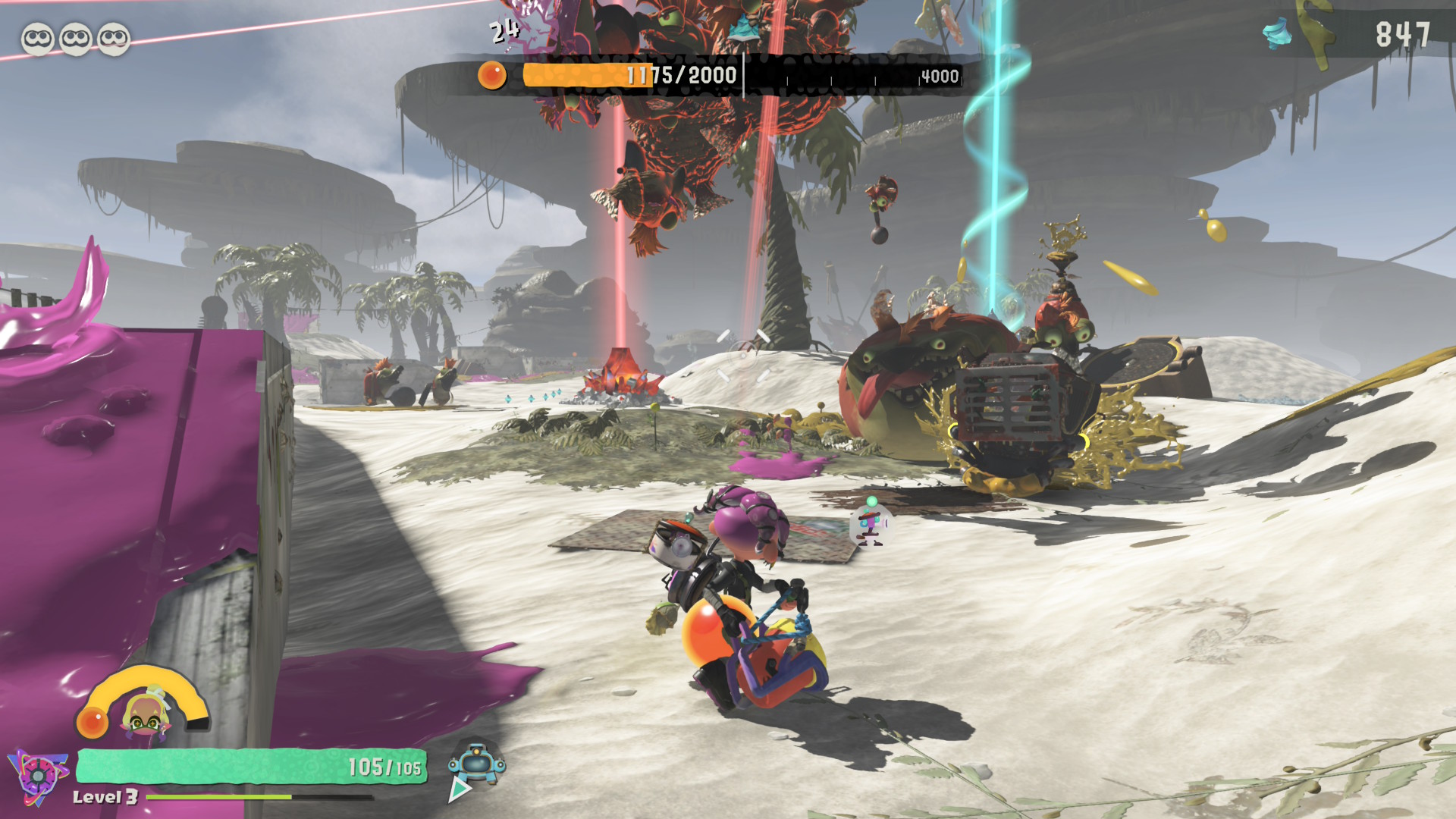 Correr por una playa de isla llena de enemigos de salmónidos en Splatoon Raiders