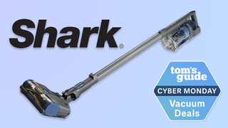 a composite image of the shark pet cordless vacuum stick with the shark logo and a tom's guide cyber monday deals badge