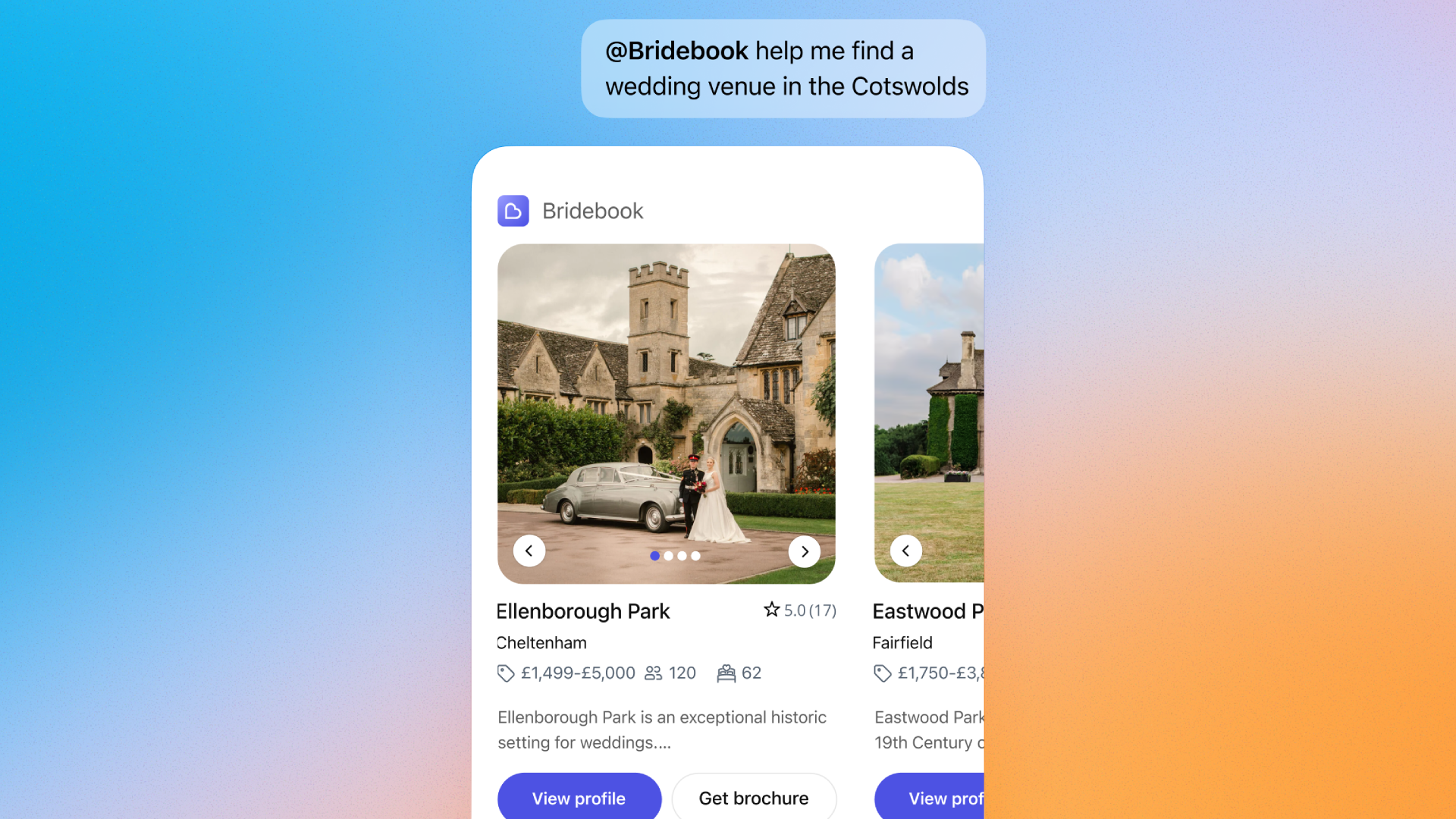 The ChatGPT response from Bridebook's new AI venue finder.