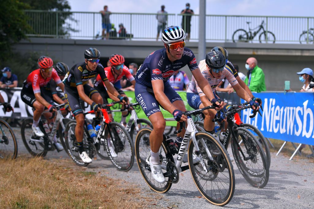 DIEST BELGIUM AUGUST 15 Diether Sweeck of Belgium and Team AlpecinFenix Arvid De Kleijn of The Netherlands and Riwal Readynez Cycling Team Andreas Goeman of Belgium and Team Telenet Lions Gravel Strokes during the 17th Dwars door het Hageland 2020 a 187km race from Aarschot to Diest DwarsdhHageland DDHH20 on August 15 2020 in Diest Belgium Photo by Luc ClaessenGetty Images