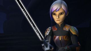 Animated Sabine Wren holding Darksaber in Star Wars Rebels