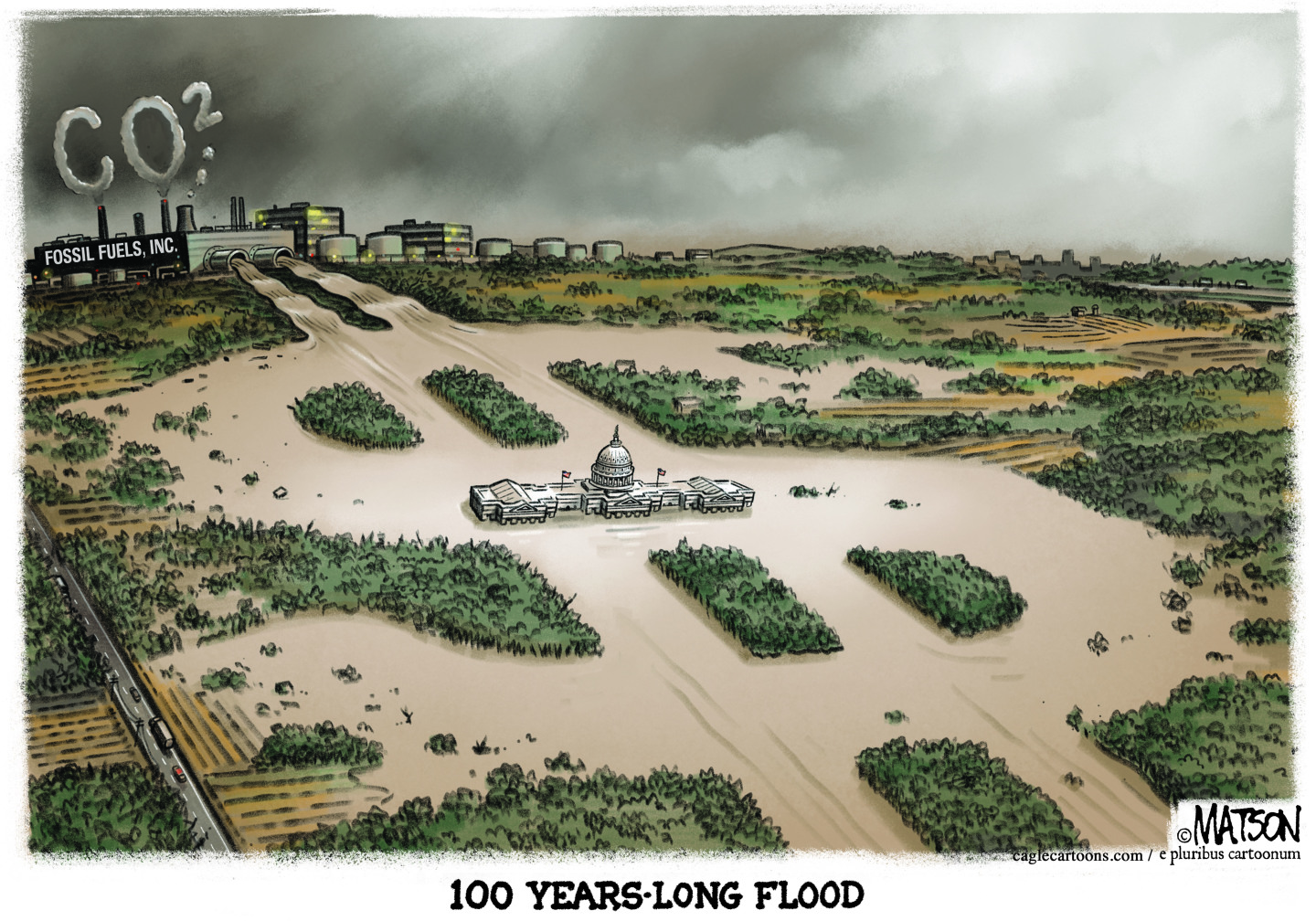 This cartoon is titled “100 years-long flood”. It shows a flopped landscape where the water has formed a dollar sign. The U.S. Capital building is in the middle of the image, and a factory is in the background spewing fossil fuels that spell out CO2 in smoke.